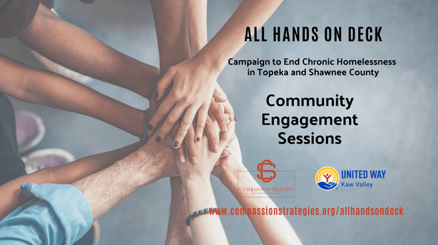 All Hands on Deck Community Engagement Sessions graphic shows just the forearms and hands of several people who have placed their hands in the center of a circle, one atop the other in a gesture of working together.